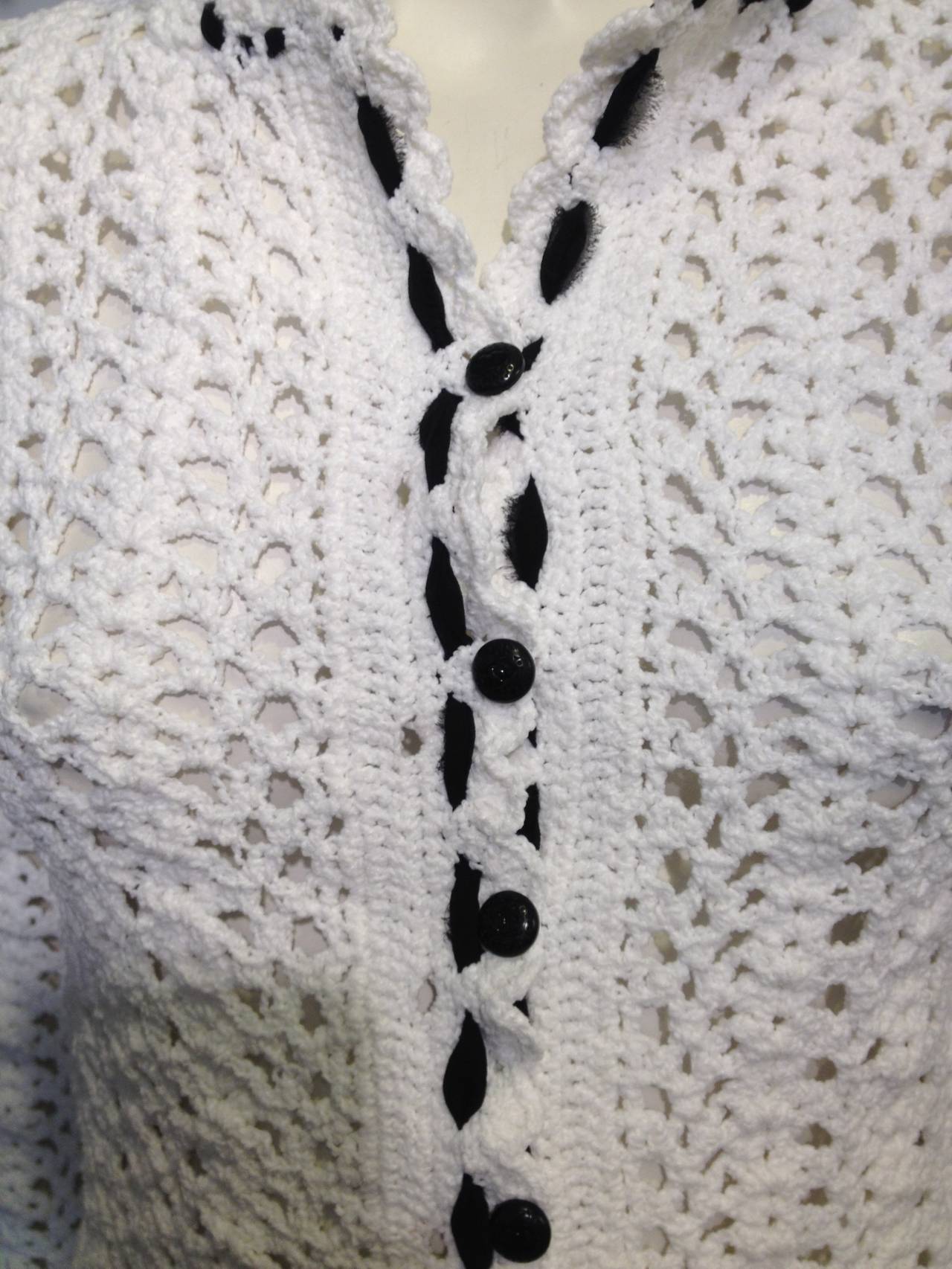 Women's Chanel White Crochet Jacket with Black Chiffon Trim