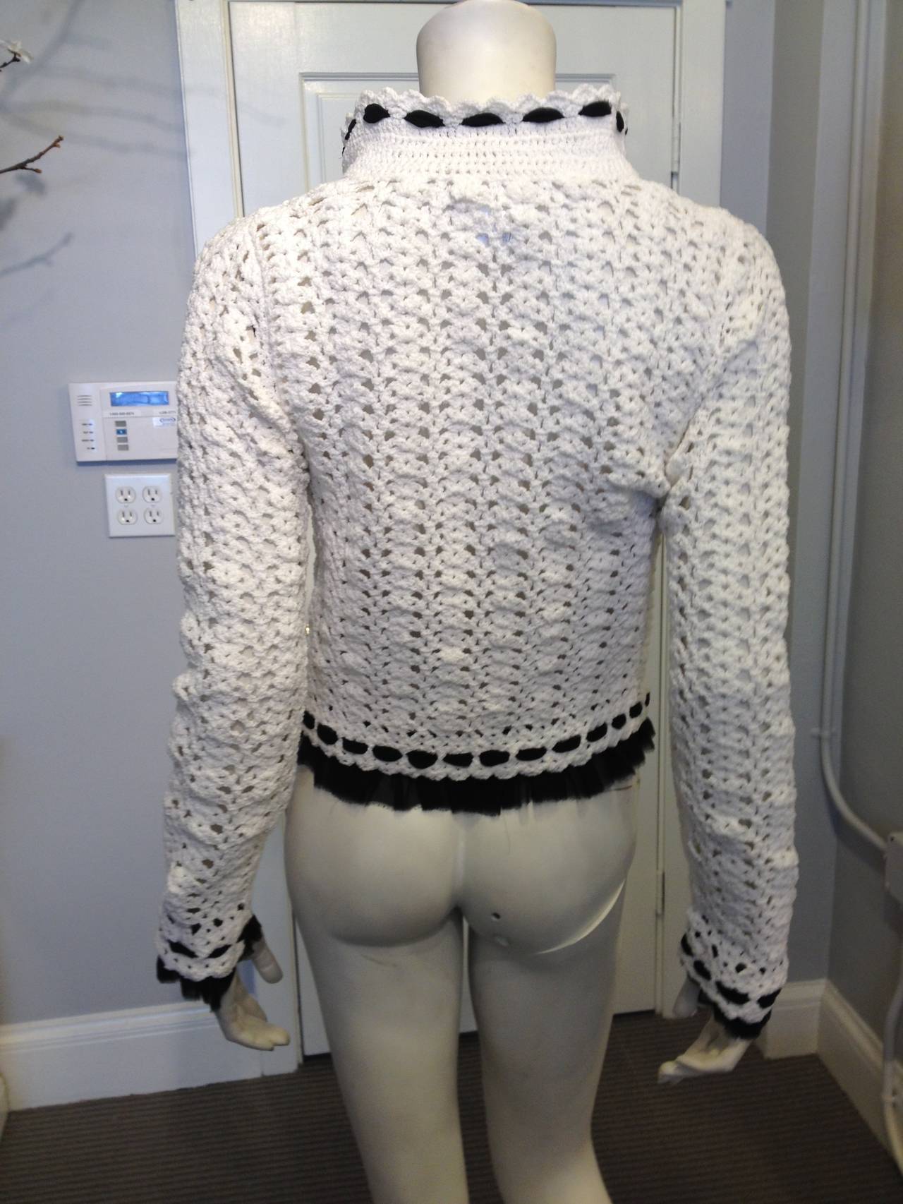 Chanel White Crochet Jacket with Black Chiffon Trim 1