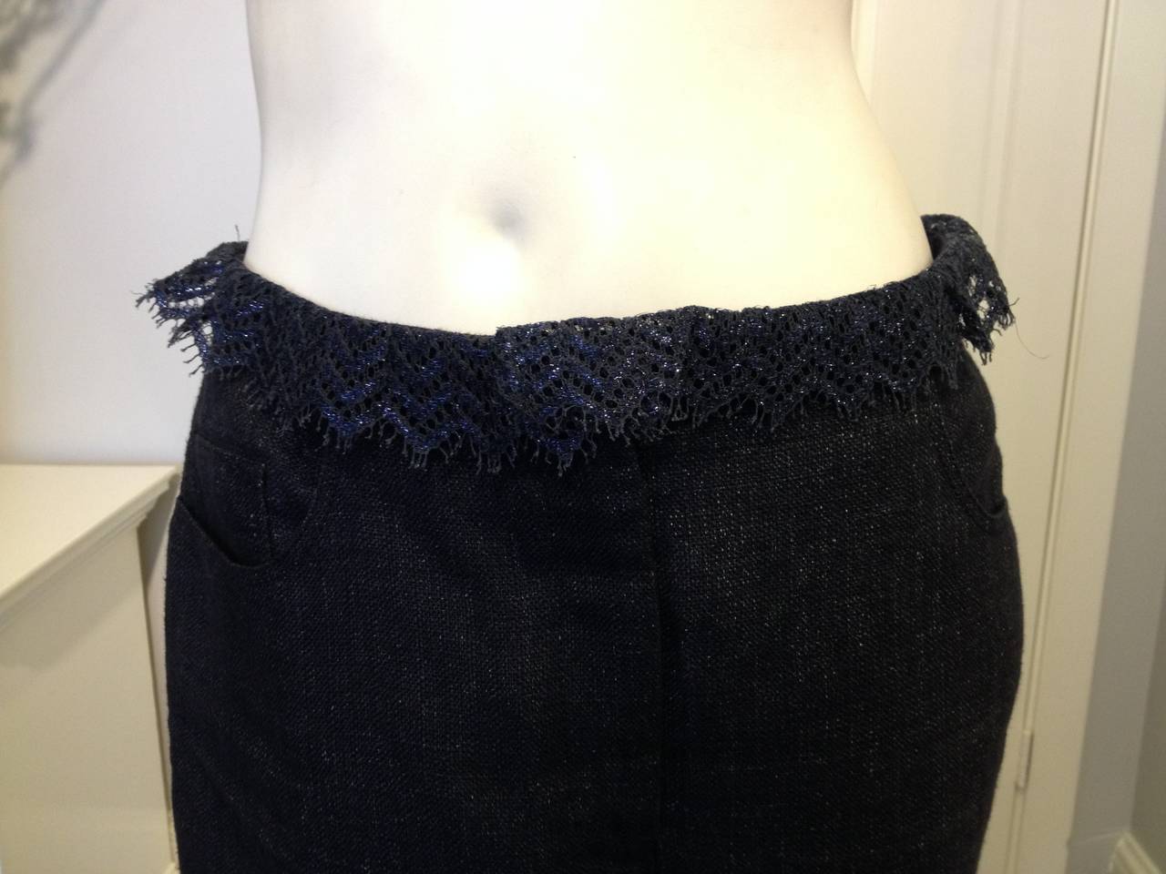 Chanel Navy Denim Flared Jeans with Lace Trim 1