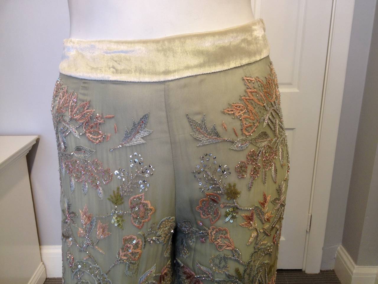 Valentino Mint Green Chiffon Beaded Pant In Excellent Condition In San Francisco, CA
