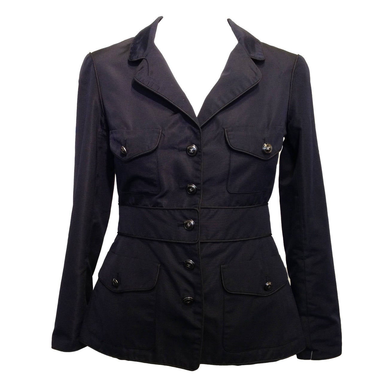 Chanel Navy Silk Twill Jacket with Black Piping For Sale