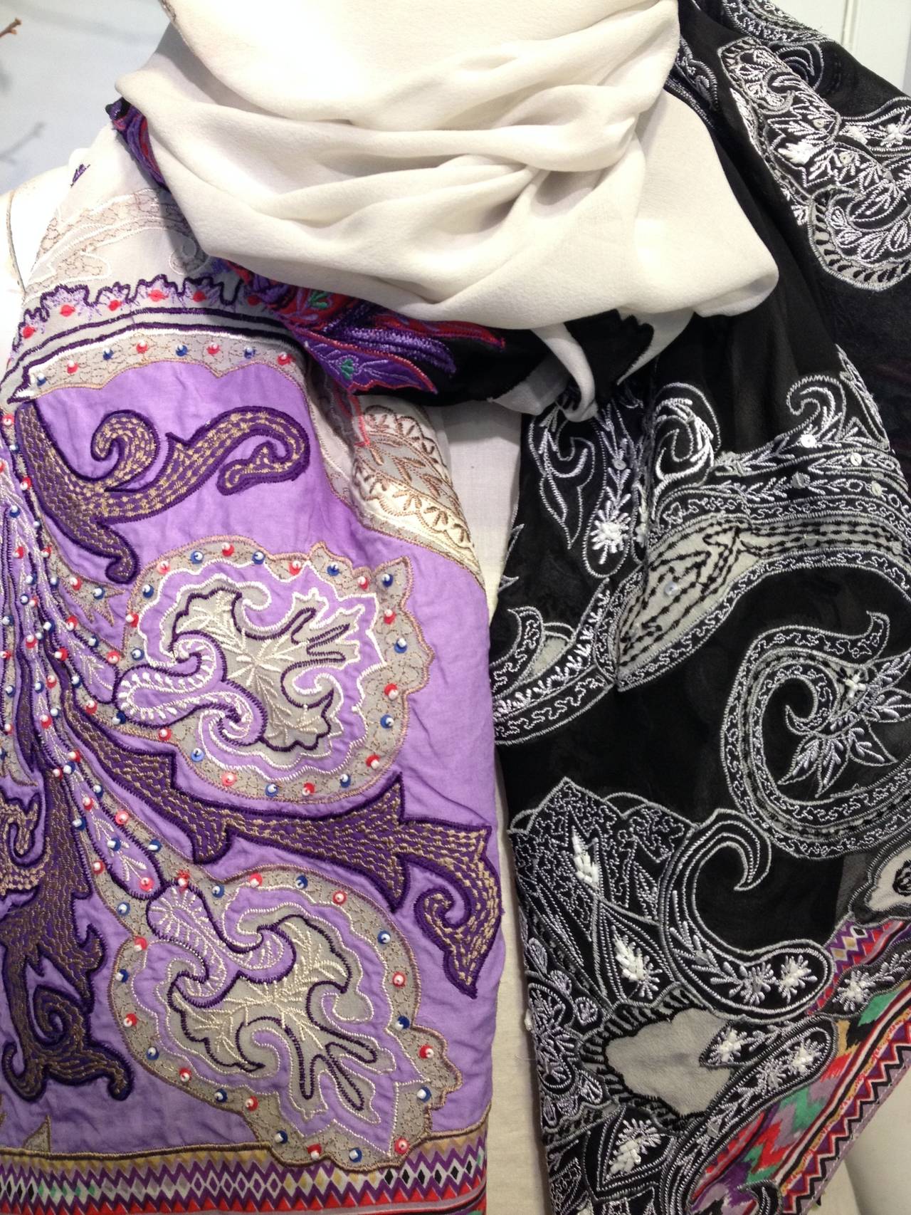 Etro Cream and Black Scarf with Purple Embroidery 1