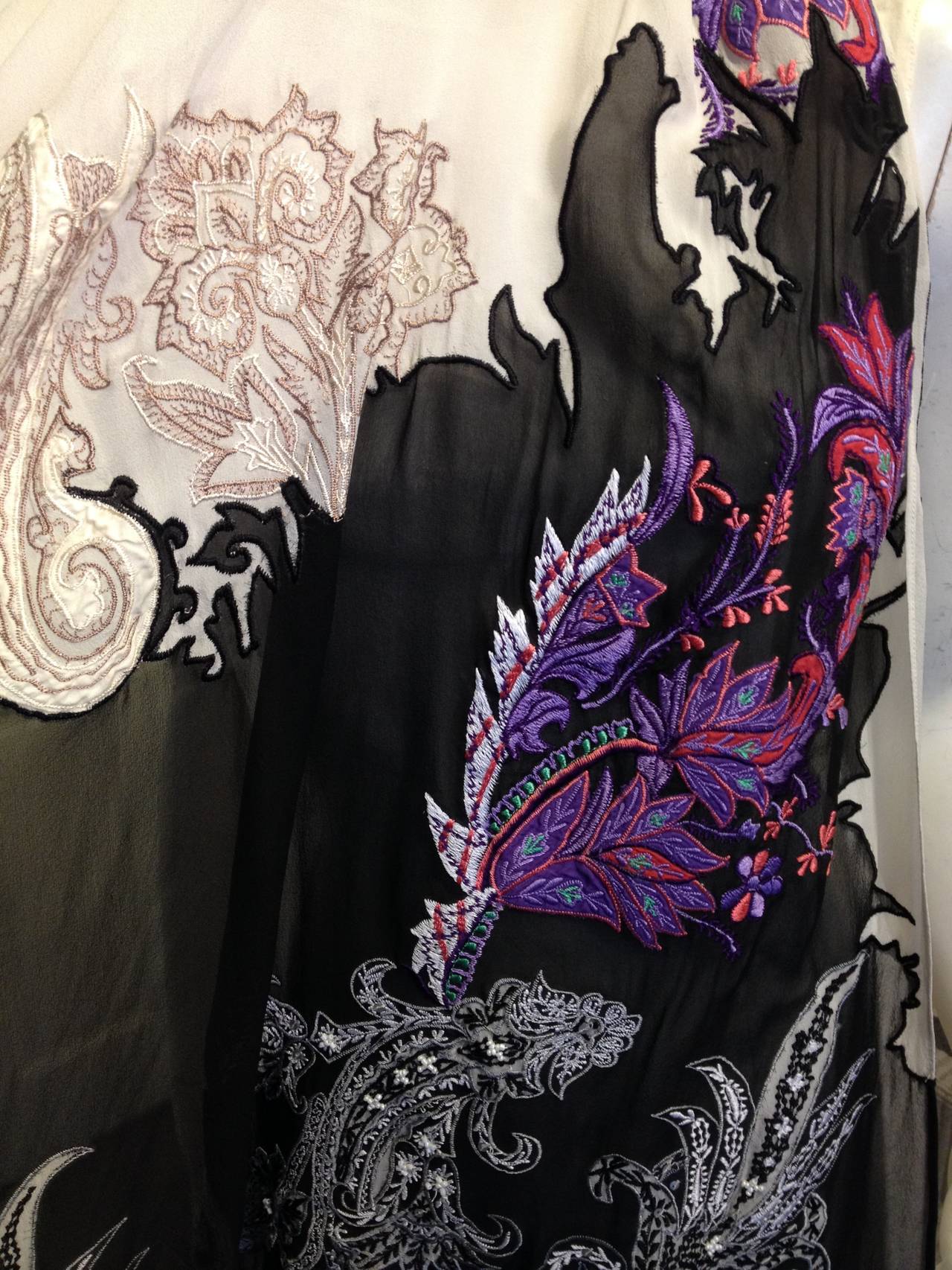 Etro Cream and Black Scarf with Purple Embroidery 2