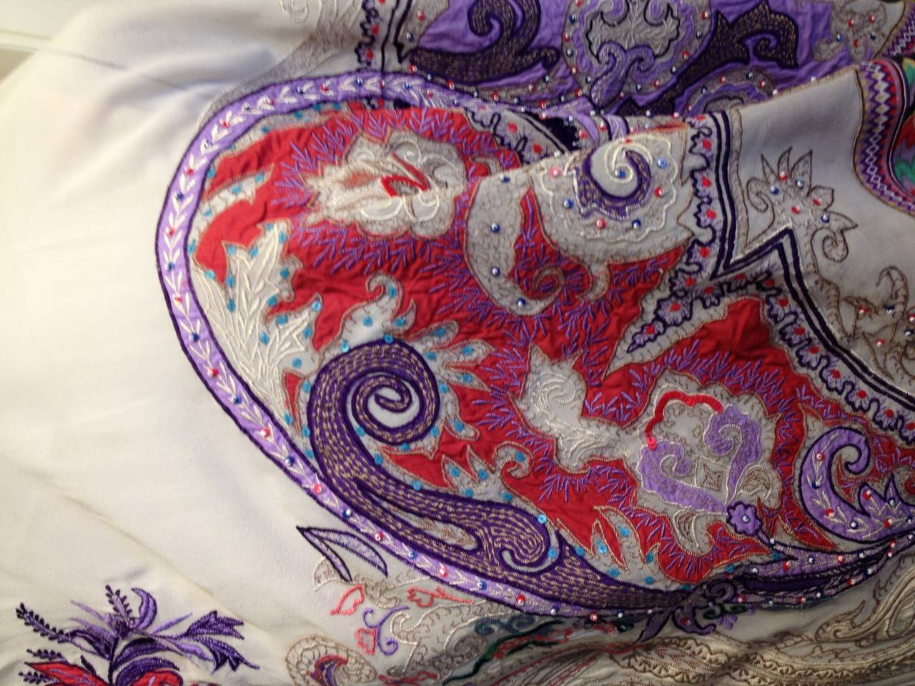 Women's Etro Cream and Black Scarf with Purple Embroidery