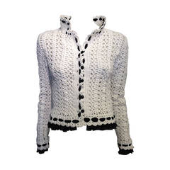 Chanel White Crochet Jacket with Black Chiffon Trim