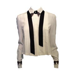 Chanel Cream Silk Shirt with Black Satin Ribbon
