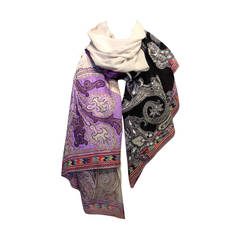 Etro Cream and Black Scarf with Purple Embroidery