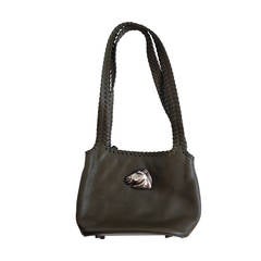 Used Kieselstein-Cord Olive Leather Handbag with Sterling Silver Horse Head