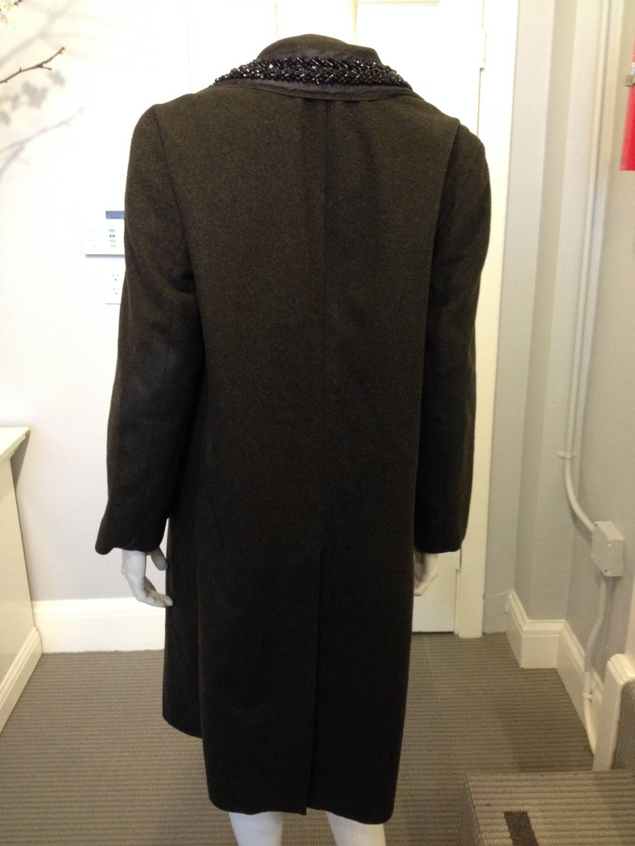 Prada Olive Wool Coat with Beading In Excellent Condition In San Francisco, CA