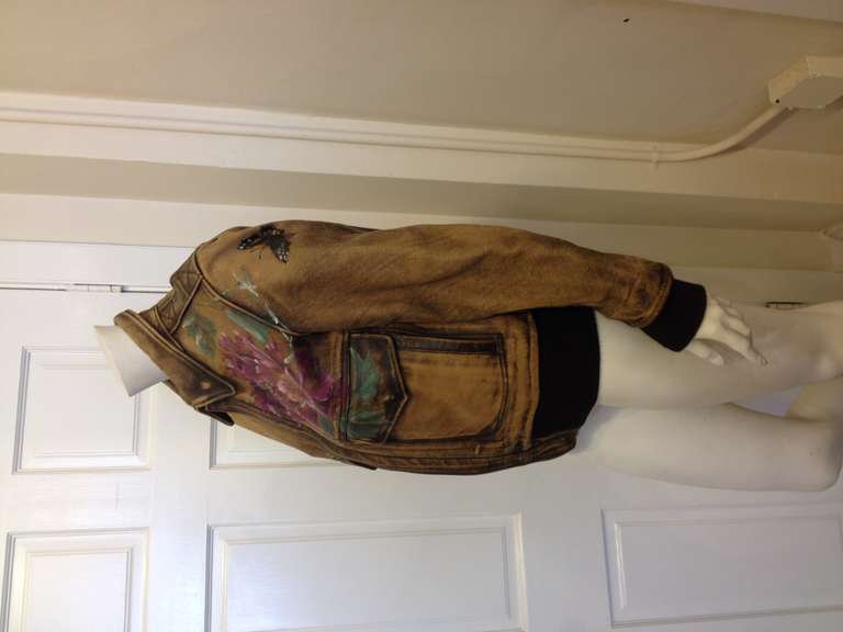 Gucci Leather Brown Jacket with Painted Flowers In Excellent Condition In San Francisco, CA
