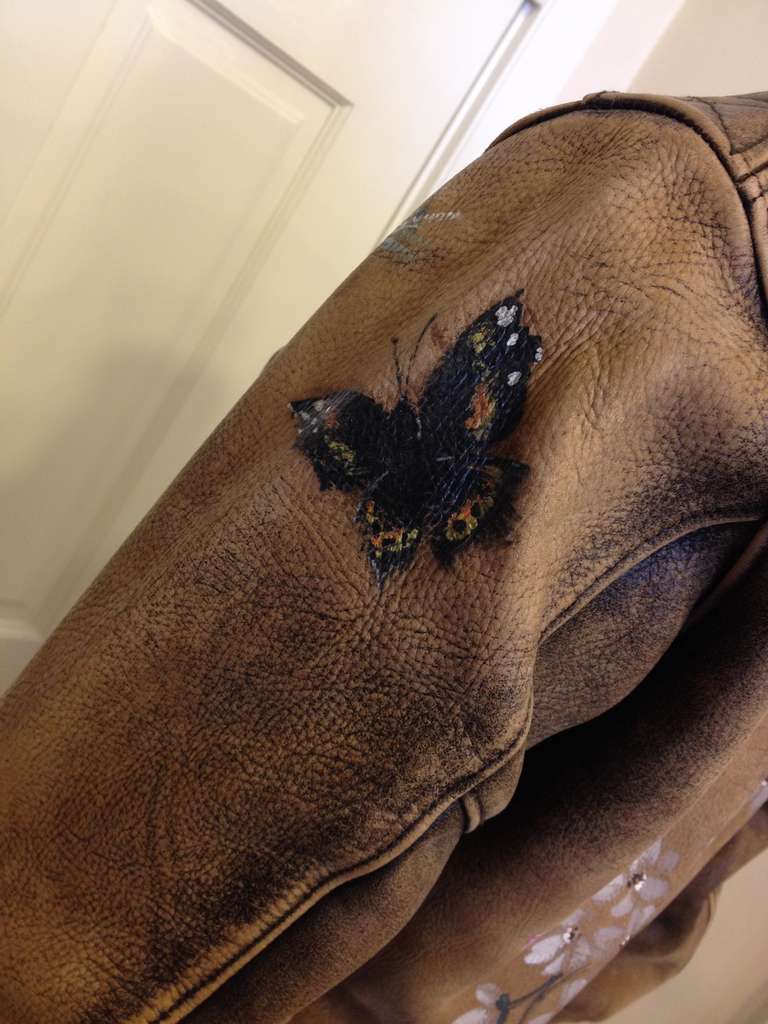 Women's Gucci Leather Brown Jacket with Painted Flowers