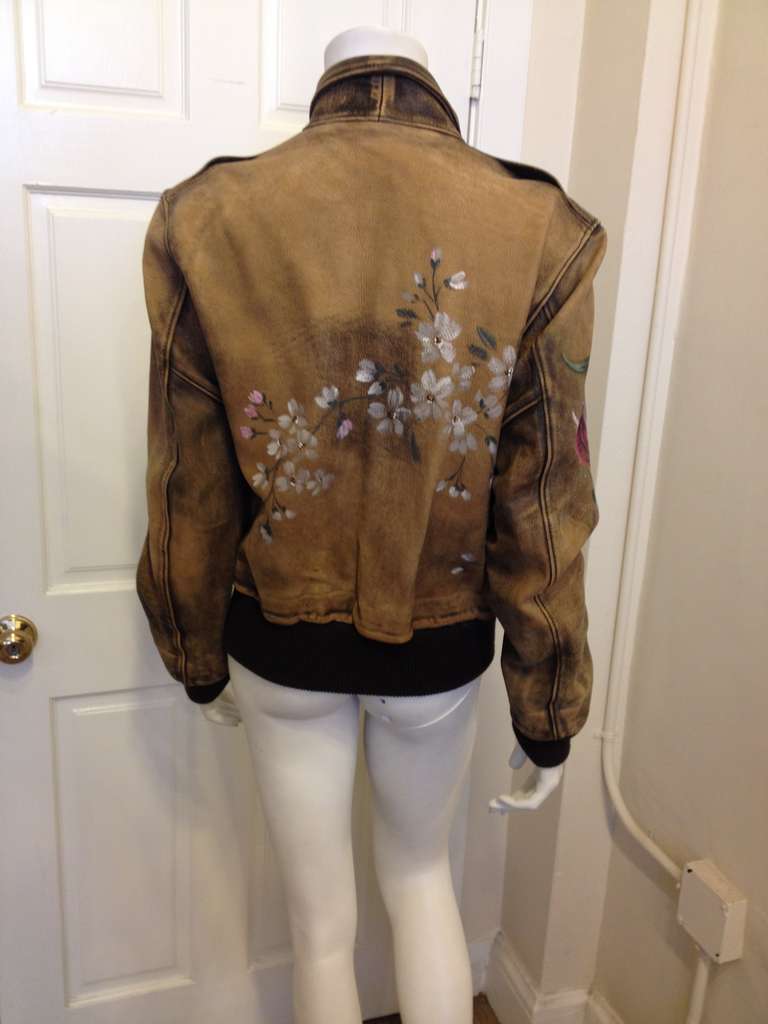 Gucci Leather Brown Jacket with Painted Flowers 2