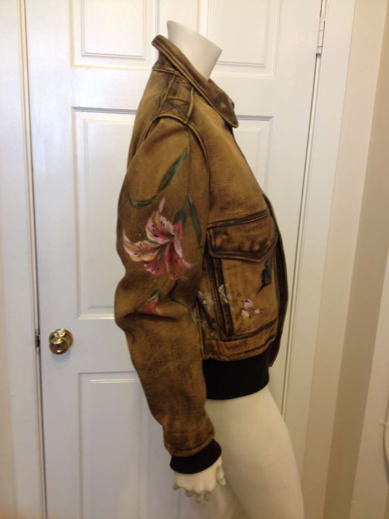 Gucci Leather Brown Jacket with Painted Flowers 3