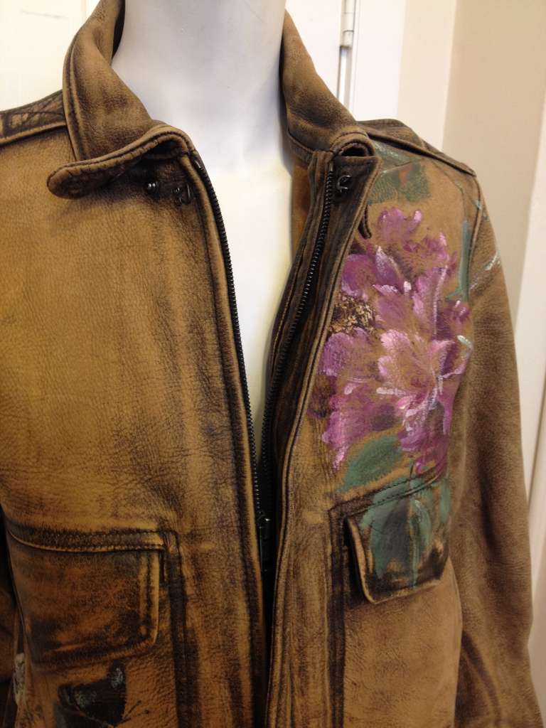 Gucci Leather Brown Jacket with Painted Flowers 4