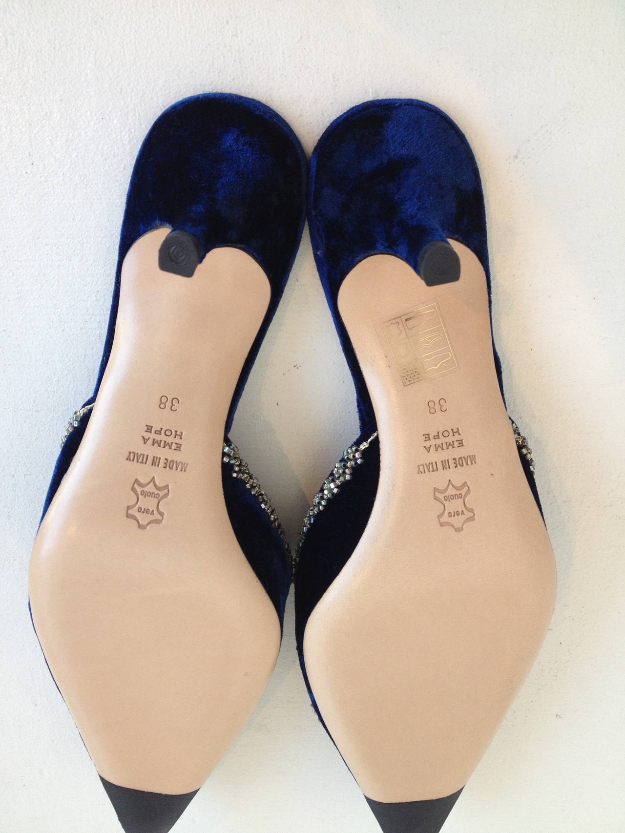 Emma Hope Blue Velvet Mules with Beading In New Condition In San Francisco, CA