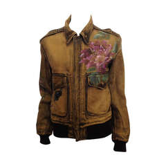 Gucci Leather Brown Jacket with Painted Flowers