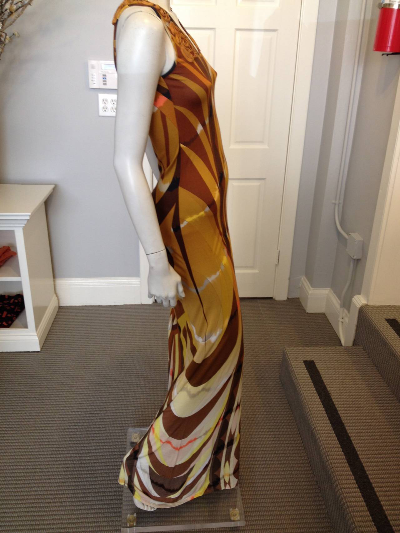 Women's Emilio Pucci Brown and Yellow Printed Maxi Dress