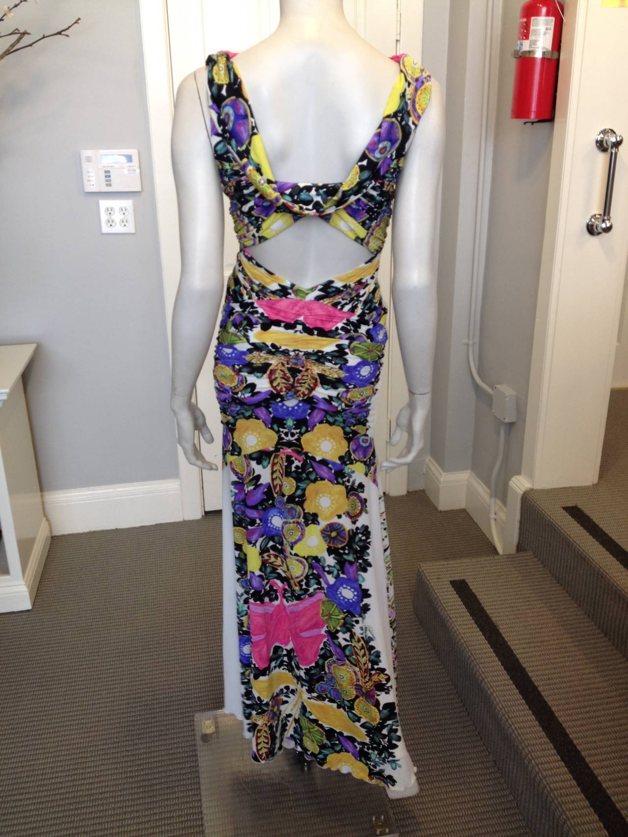 Roberto Cavalli Long White Dress with Purple and Yellow Flowers In Excellent Condition In San Francisco, CA