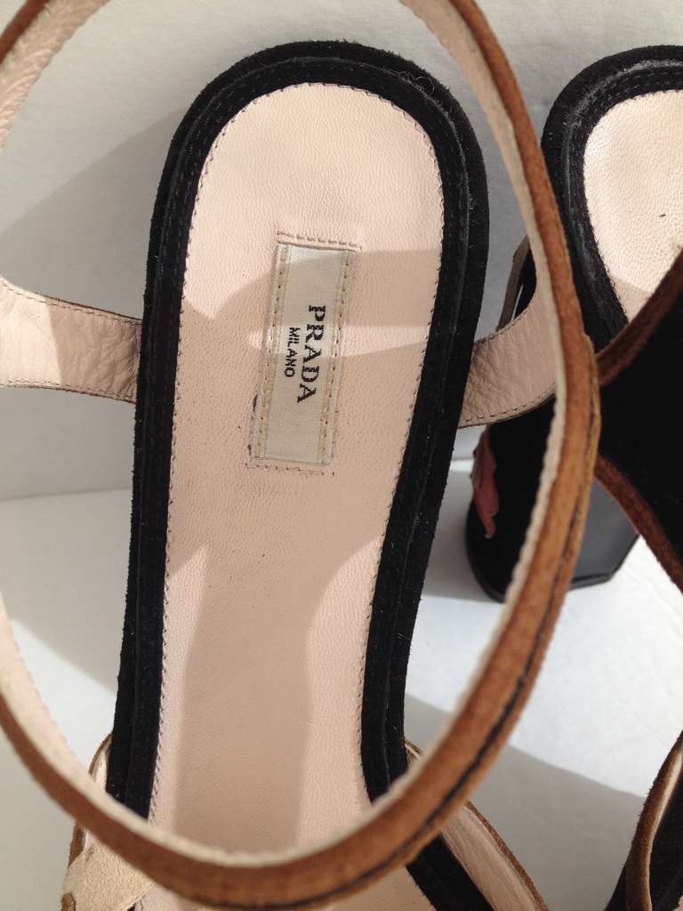 Prada Black Suede Platform with Magnolias In Excellent Condition In San Francisco, CA