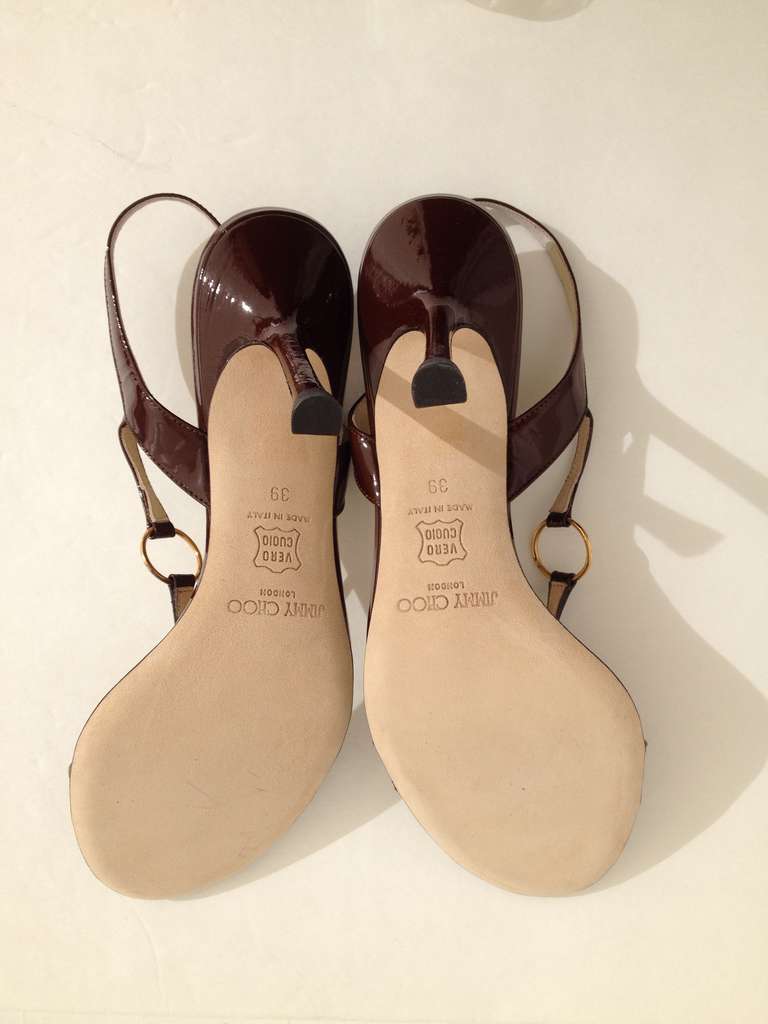 Jimmy Choo Brown Patent Strappy Sandals In New Condition In San Francisco, CA