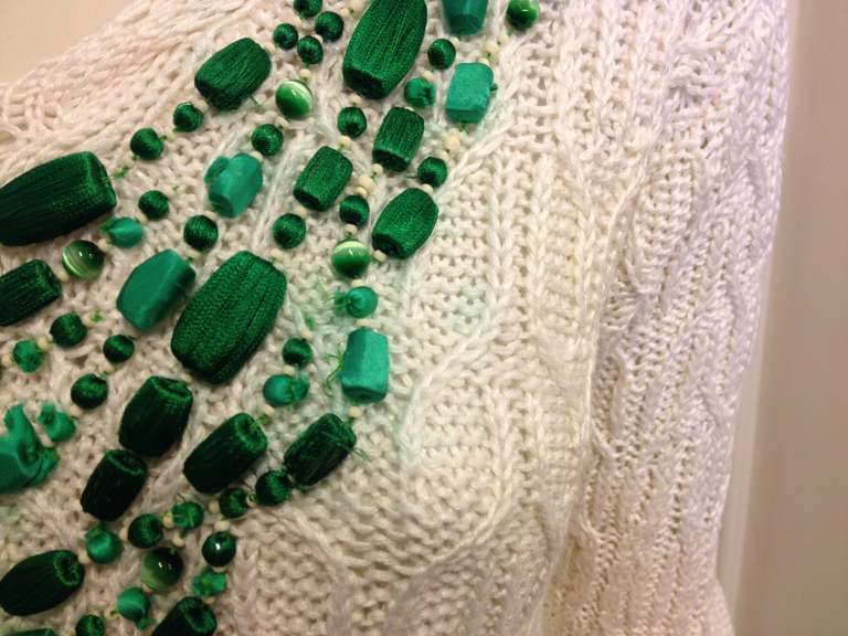 Oscar de la Renta White Sweater with Green Beading In Excellent Condition In San Francisco, CA