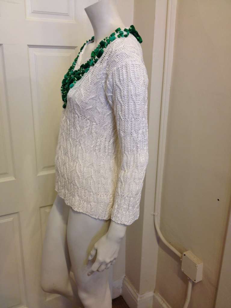 Women's Oscar de la Renta White Sweater with Green Beading
