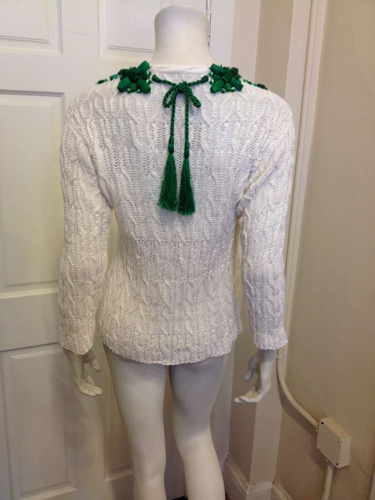 Oscar de la Renta White Sweater with Green Beading 1