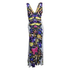 Roberto Cavalli Long White Dress with Purple and Yellow Flowers