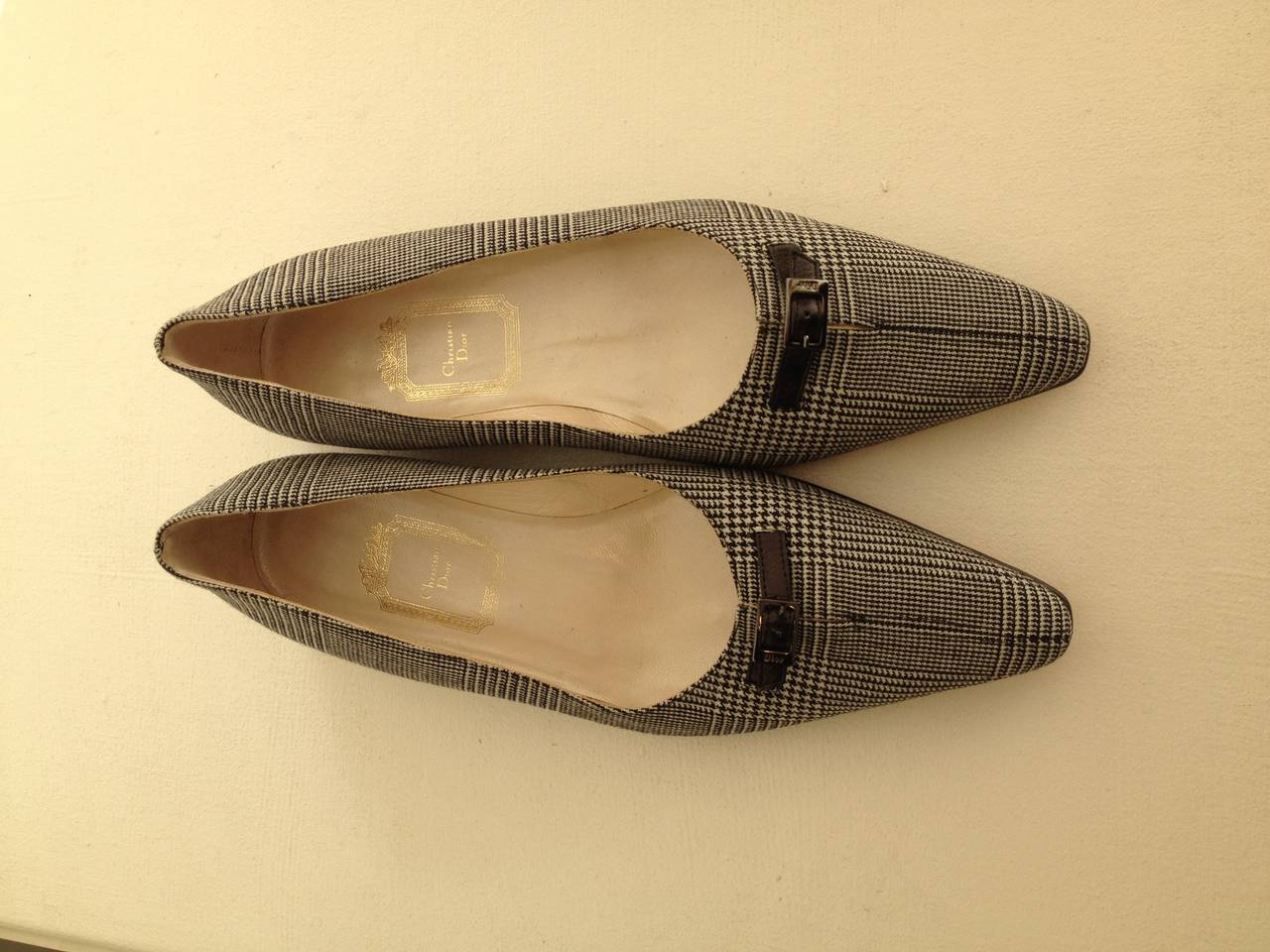 Brown Christian Dior Black and White Plaid Flats with Pointy Toe