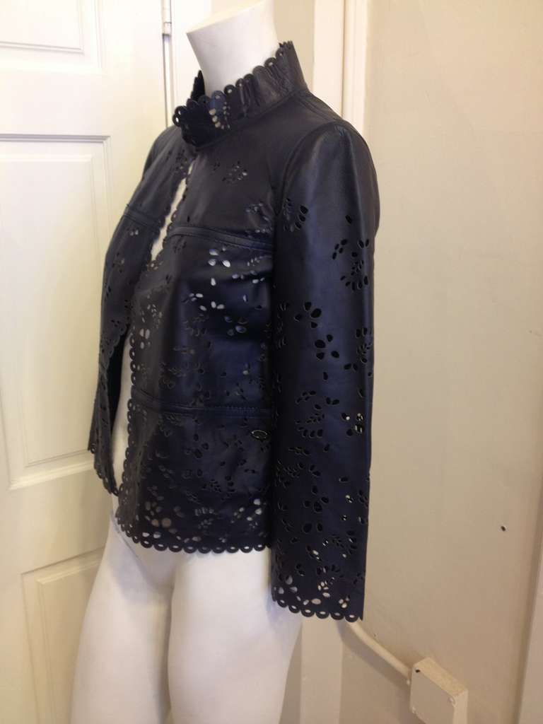Chanel Navy Leather Cutout Jacket In New Condition In San Francisco, CA