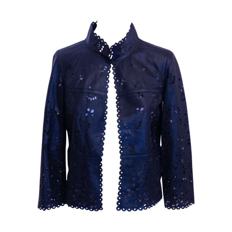 Chanel Navy Leather Cutout Jacket