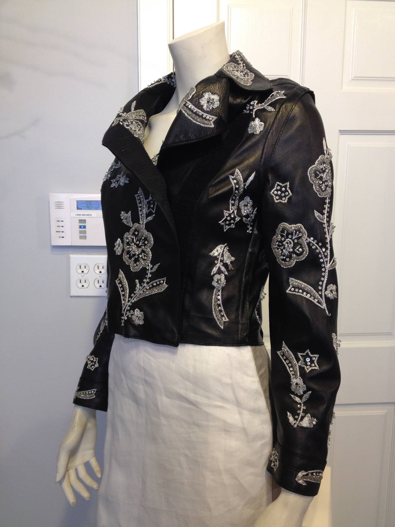 Dolce and Gabbana Black Leather Jacket with Silver Beading at 1stDibs