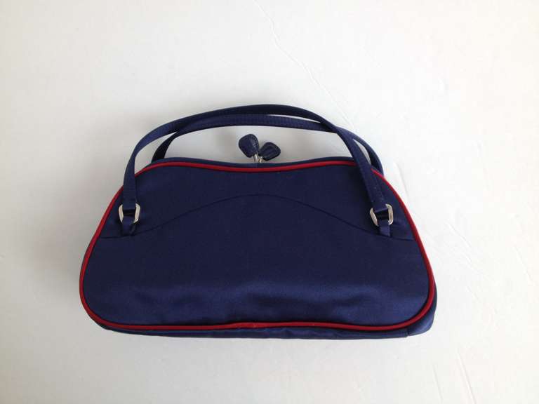 Prada Navy and Red Satin Clutch In Excellent Condition In San Francisco, CA