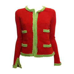 Chanel Orange Red Cashmere Cardigan with Green Trim