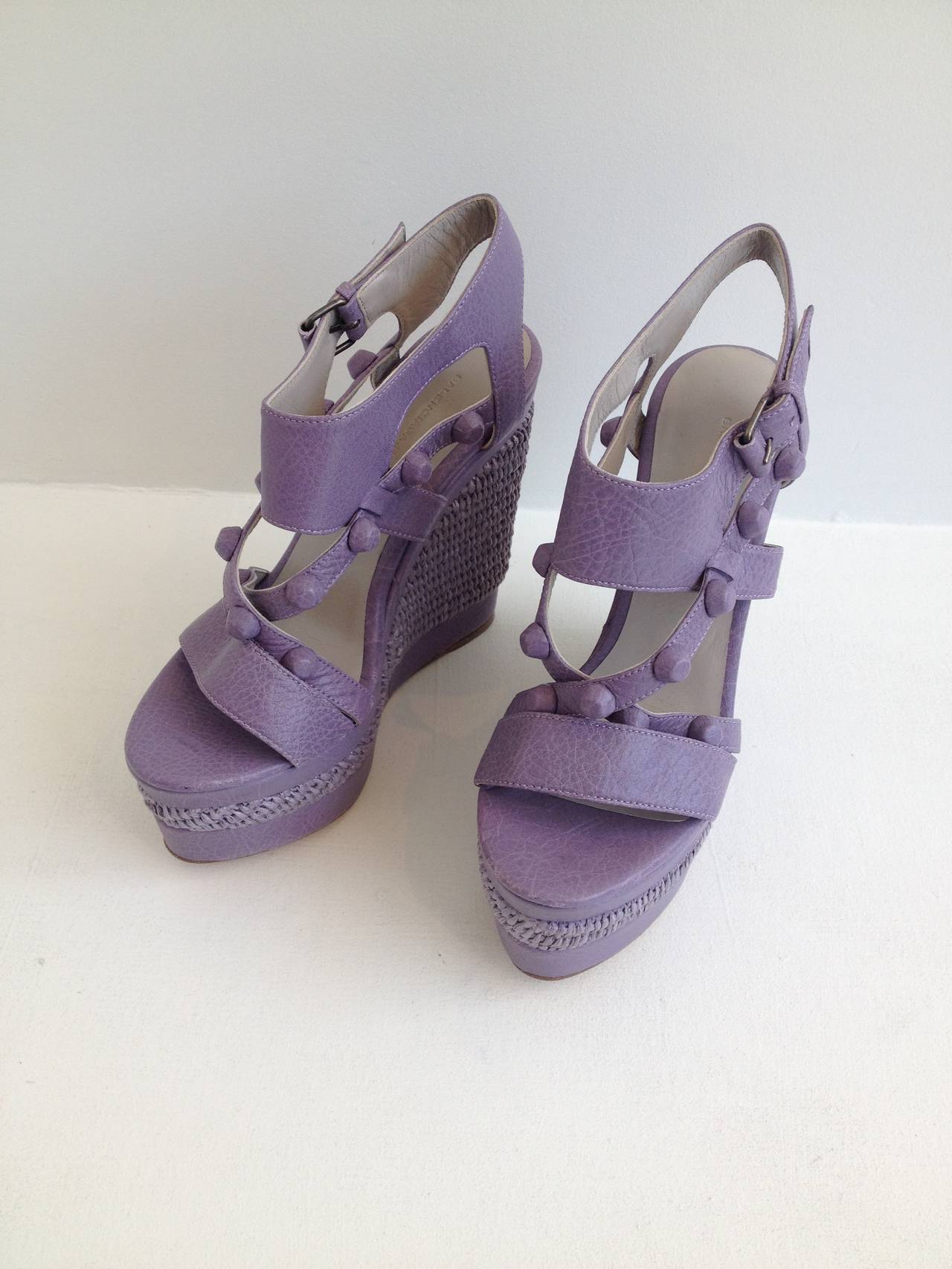 Gray Balenciaga Lavender Woven Straw Wedges