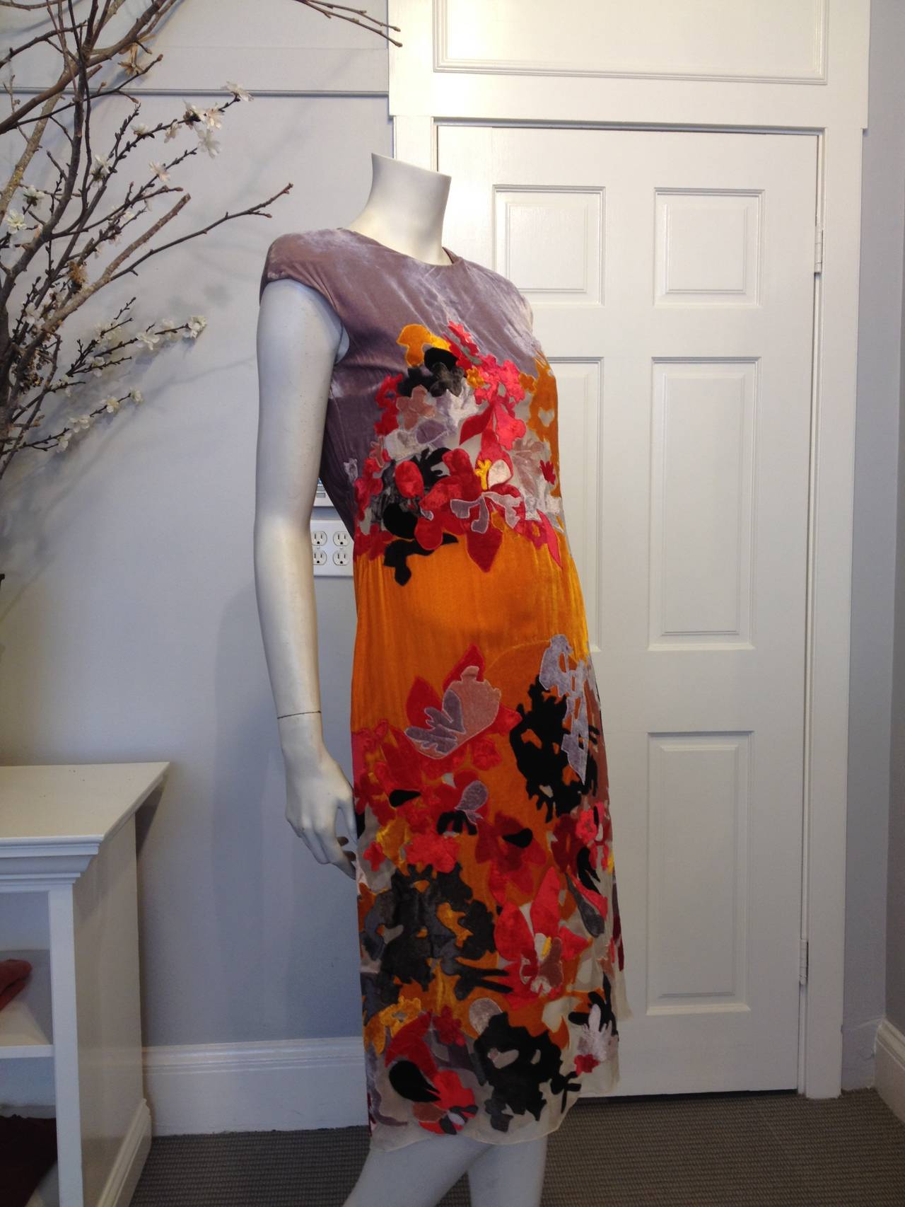 Bottega Veneta Lavender and Orange Cut Velvet Floral Dress