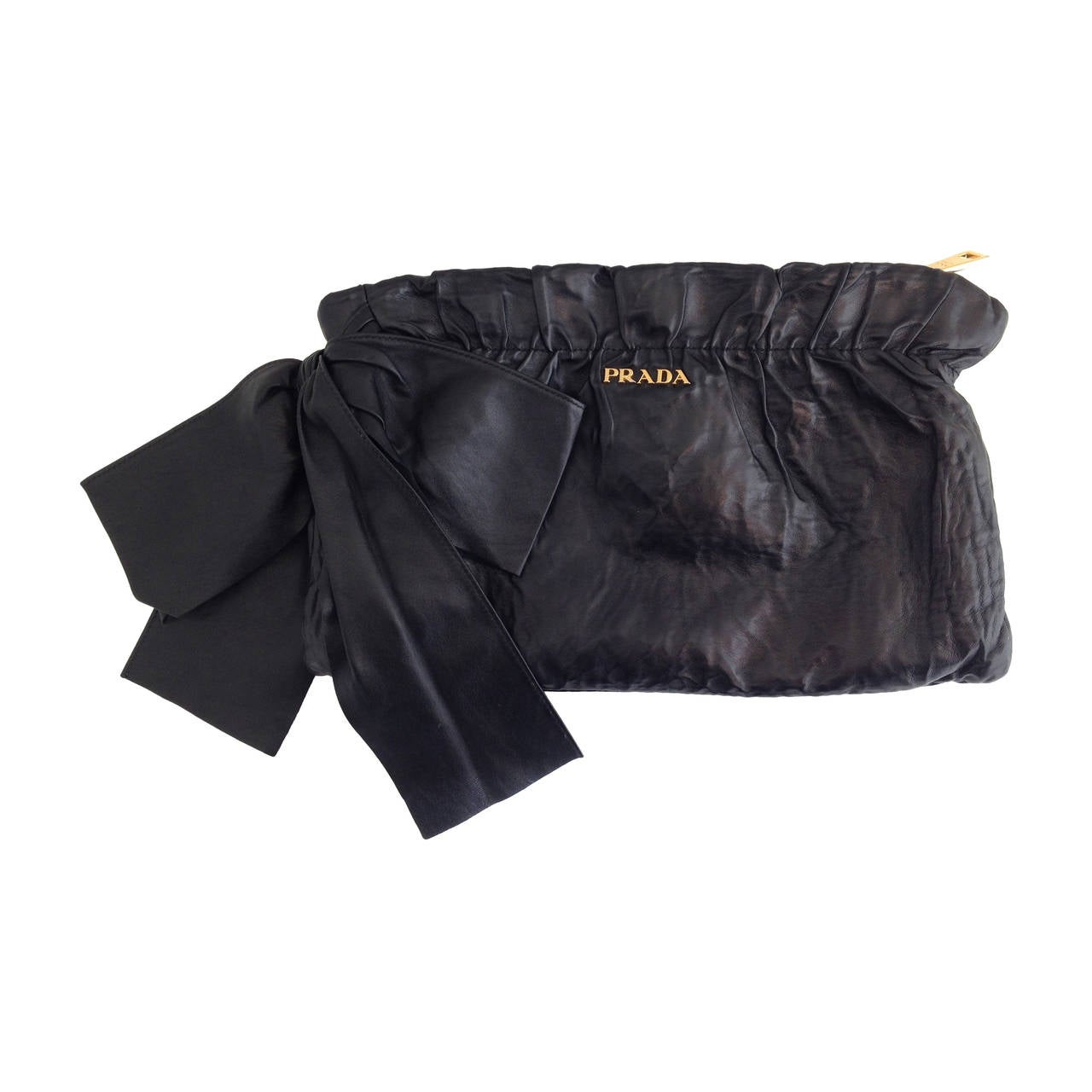 Prada Black Crinkly Leather Clutch with Bow