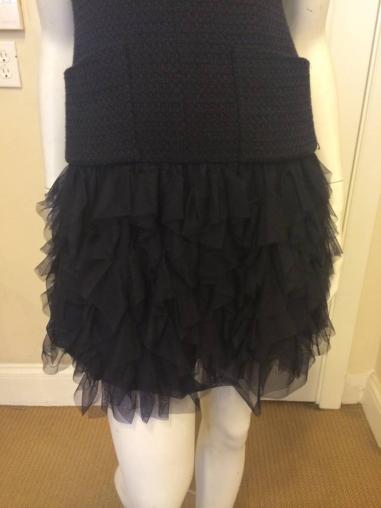 Women's Chanel Navy Dress with Tulle Ruffles