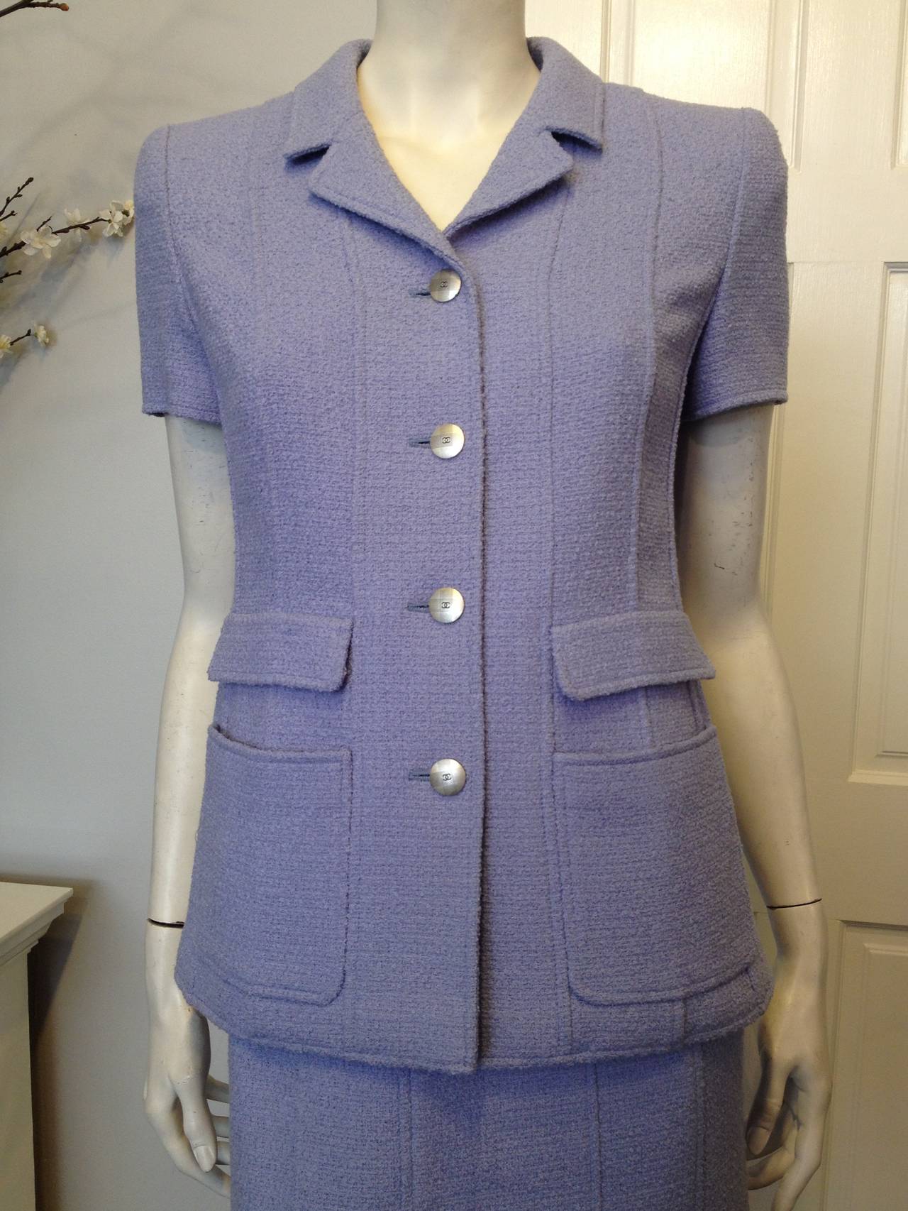 Gray Chanel Periwinkle Blue Tweed Skirt Suit For Sale