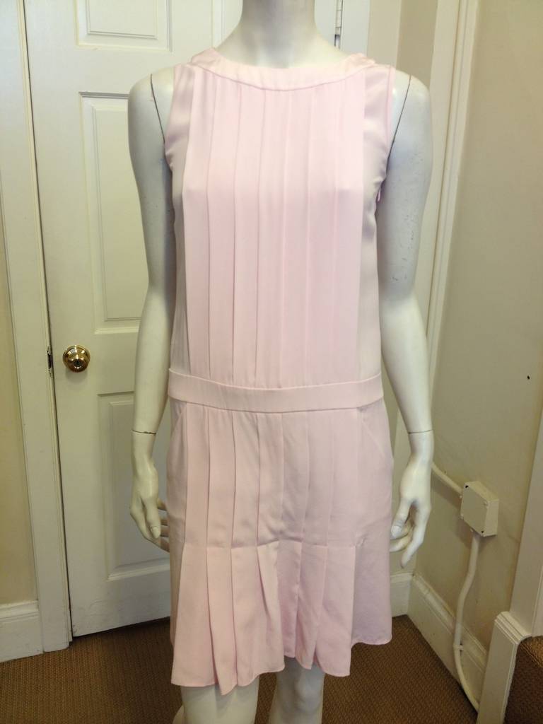 This pretty, pastel dress has a prim and proper style with a hint of the roaring 20's.  The drop waist gives you a long, flattering torso and the pleated skirt is a flirty addition.  Two open pockets are set just below the waistband and a beautiful