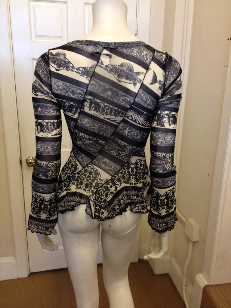 Jean Paul Gaultier Grey and White Patterned Mesh Top In Excellent Condition In San Francisco, CA