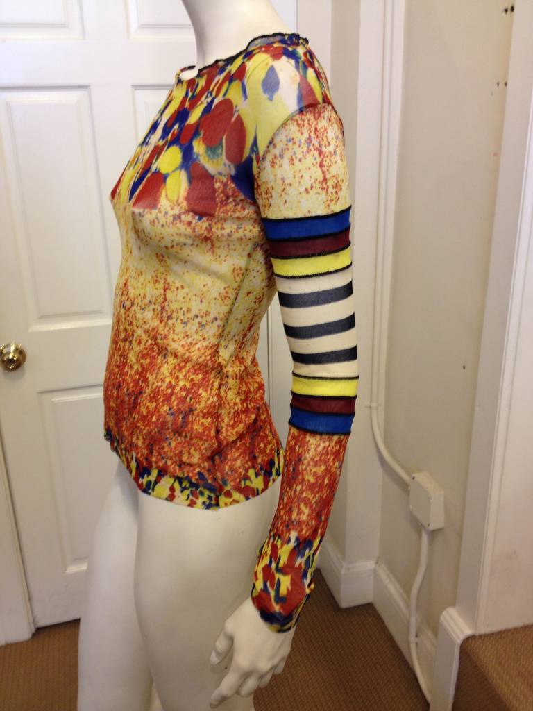 Jean Paul Gaultier Red and Blue Printed Mesh Top In Excellent Condition In San Francisco, CA