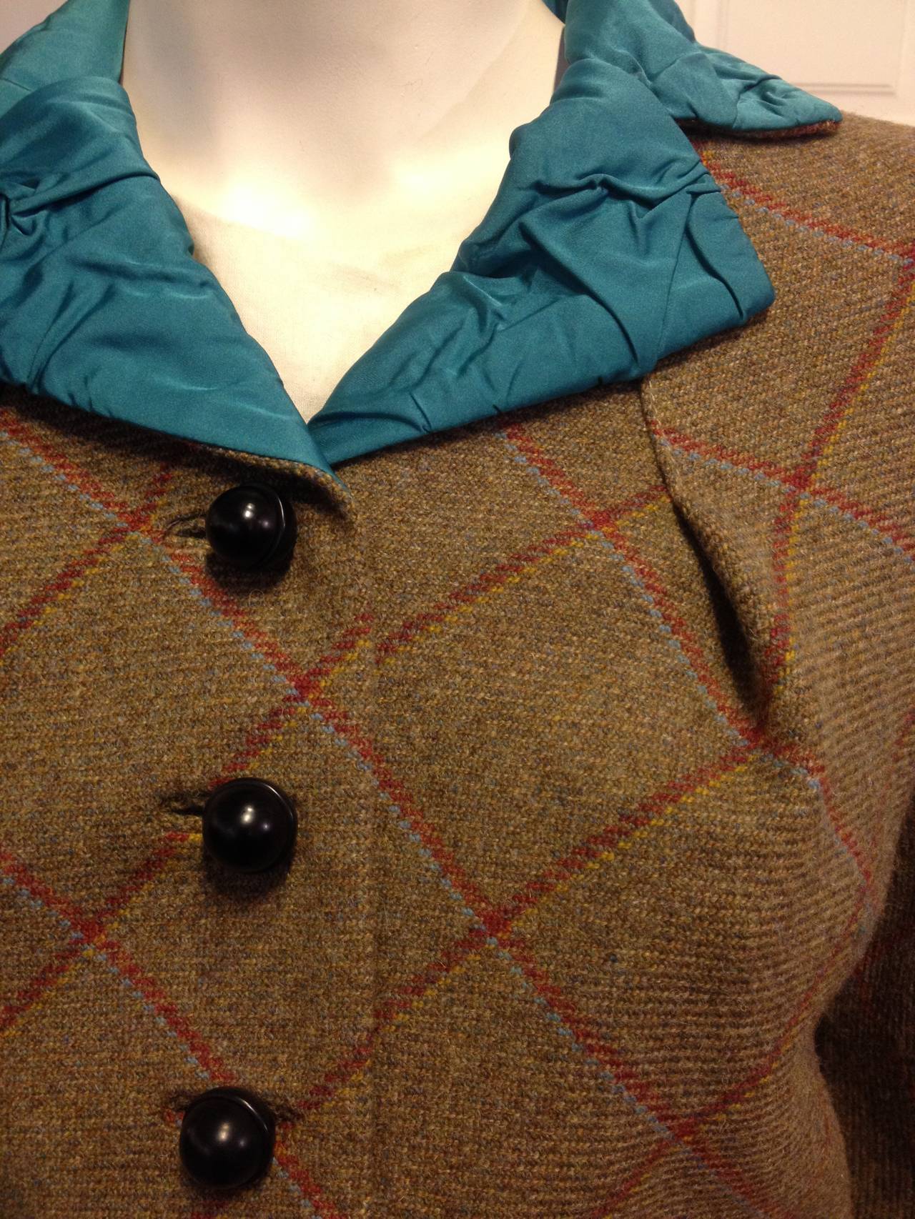 Louis Vuitton Olive Wool Jacket with Teal Lapels In Excellent Condition For Sale In San Francisco, CA