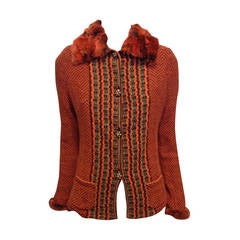 Etro Orange Knit Jacket with Fur Collar