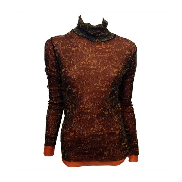 Jean Paul Gaultier Black and Red Patterned Mesh Turtleneck