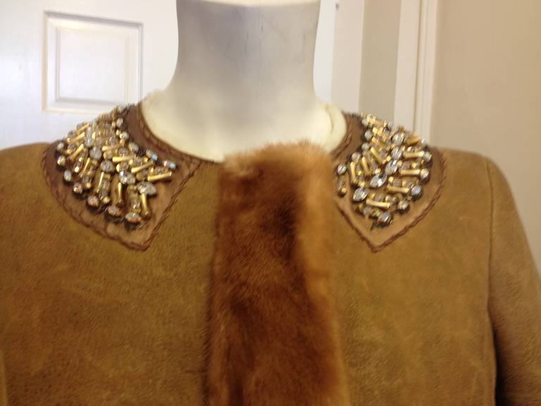 Prada Caramel Shearling Coat with Rhinestones and Fur In Excellent Condition In San Francisco, CA