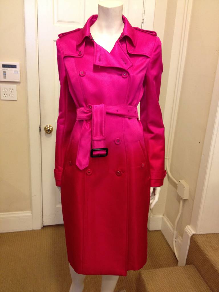 Burberry Magenta and Red Ombré Satin Trench Coat In Excellent Condition In San Francisco, CA