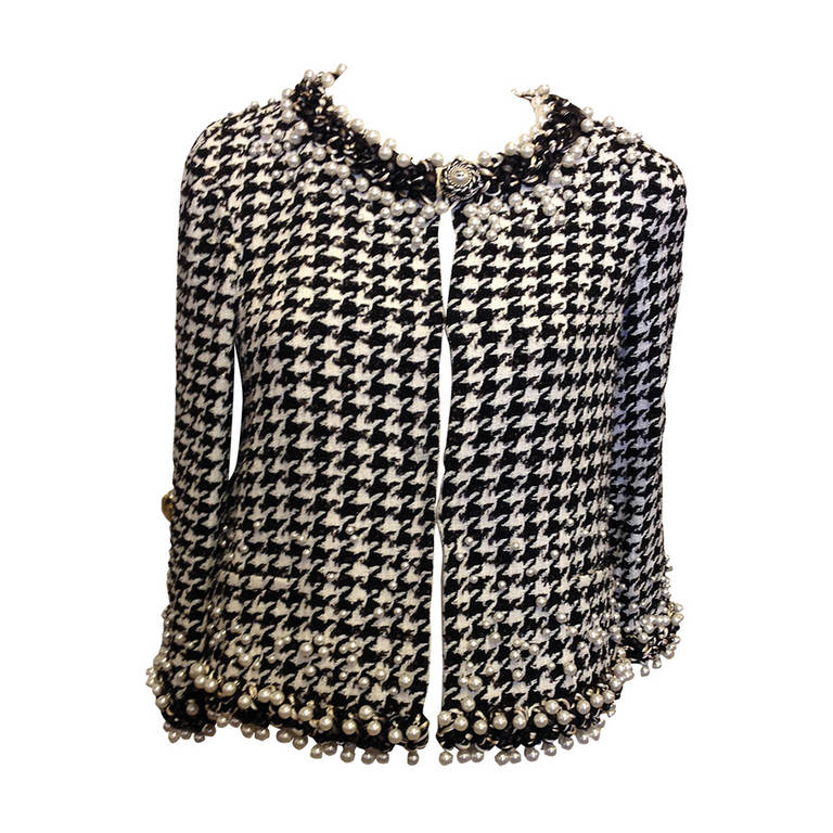 Chanel Black and White Houndstooth Jacket with Pearls