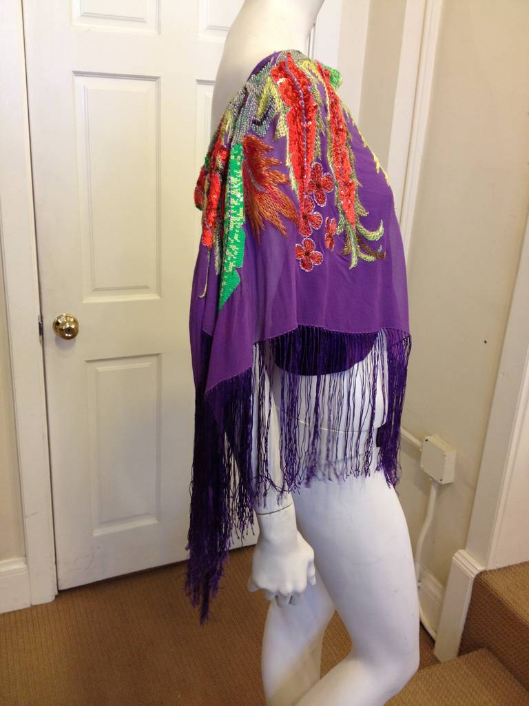 Etro Purple Beaded Chiffon Poncho with Fringe In Excellent Condition In San Francisco, CA