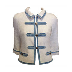 Chanel White Tweed Jacket with Blue Denim Trim